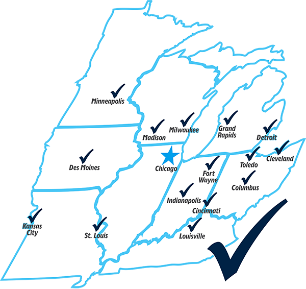 Barr Freight System service area detailed map includes all the areas around Minneapolis, Minnesota MN, Des Moines, Iowa IA, Kansas City to St. Louis, Missouri MO, Madison to Milwaukee, Wisconsin WI, Grand Rapids to Detroit, Michigan MI, Fort Wayne to Indianapolis, Indiana IN, Toledo to Cleveland to Columbus, Ohio, OH, Louisville, Kentucky KY, Chicago and all of Ilinois, all from their strategic central location in Bolingbrook, Illinois IL.